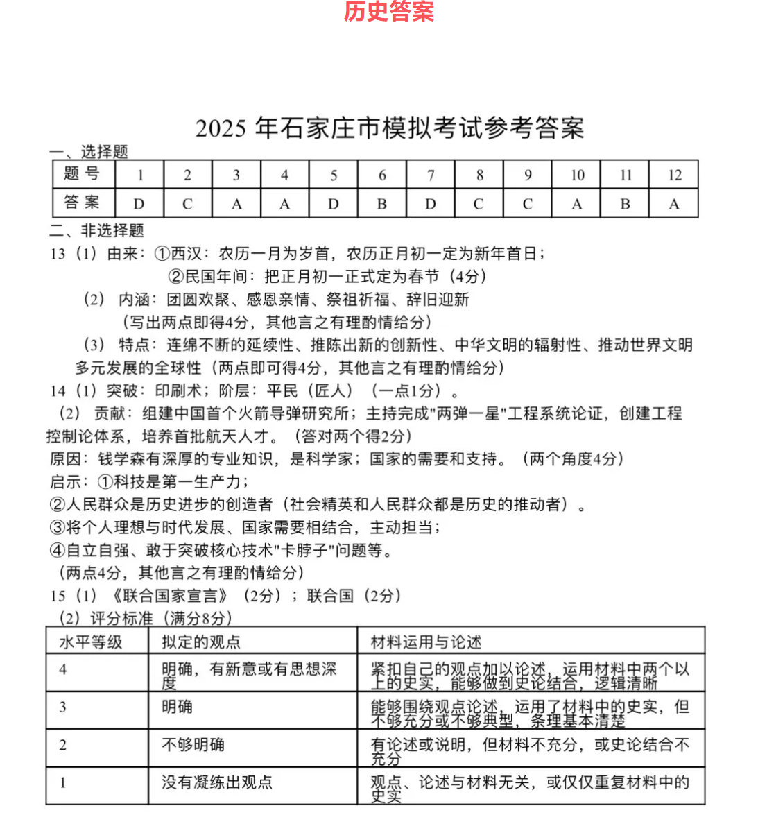 2025年河北石家莊中考一模歷史試卷(含答案) 2025年河北石家莊中考一模歷史試卷(含答案)