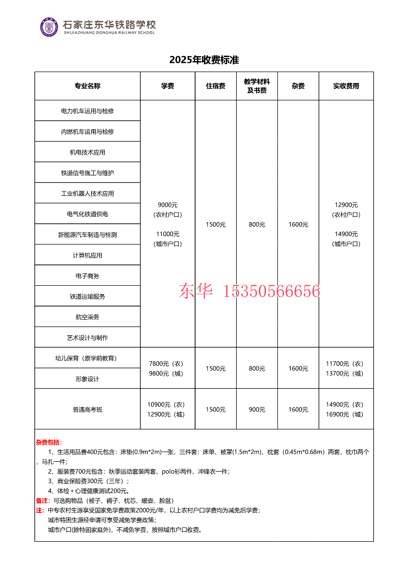 石家莊東華鐵路學校農(nóng)村戶口和城市戶口學生學費多少